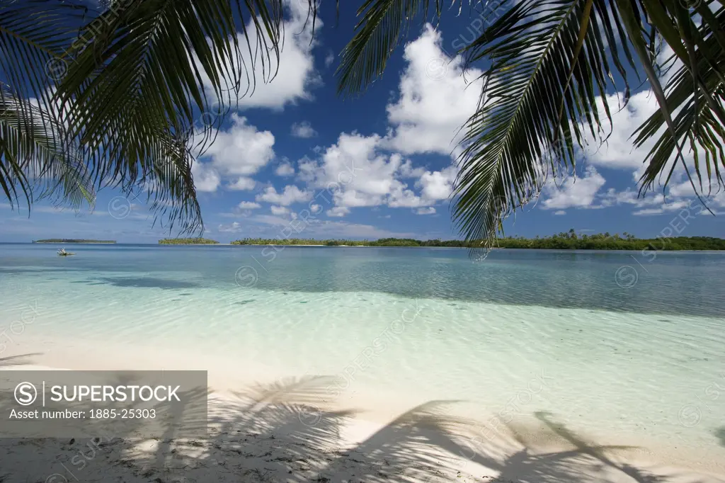 Panama, San Blas Islands, Seascape from beach with palm shadows