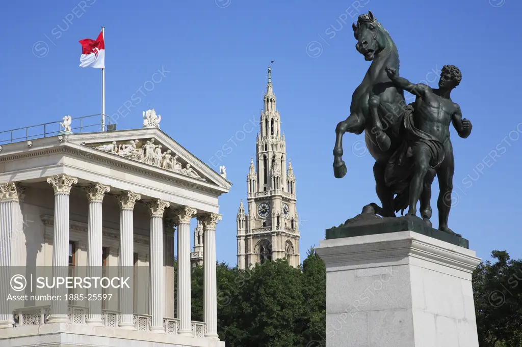 Austria, Vienna, Parliament  with statue and Rathaus - City Hall