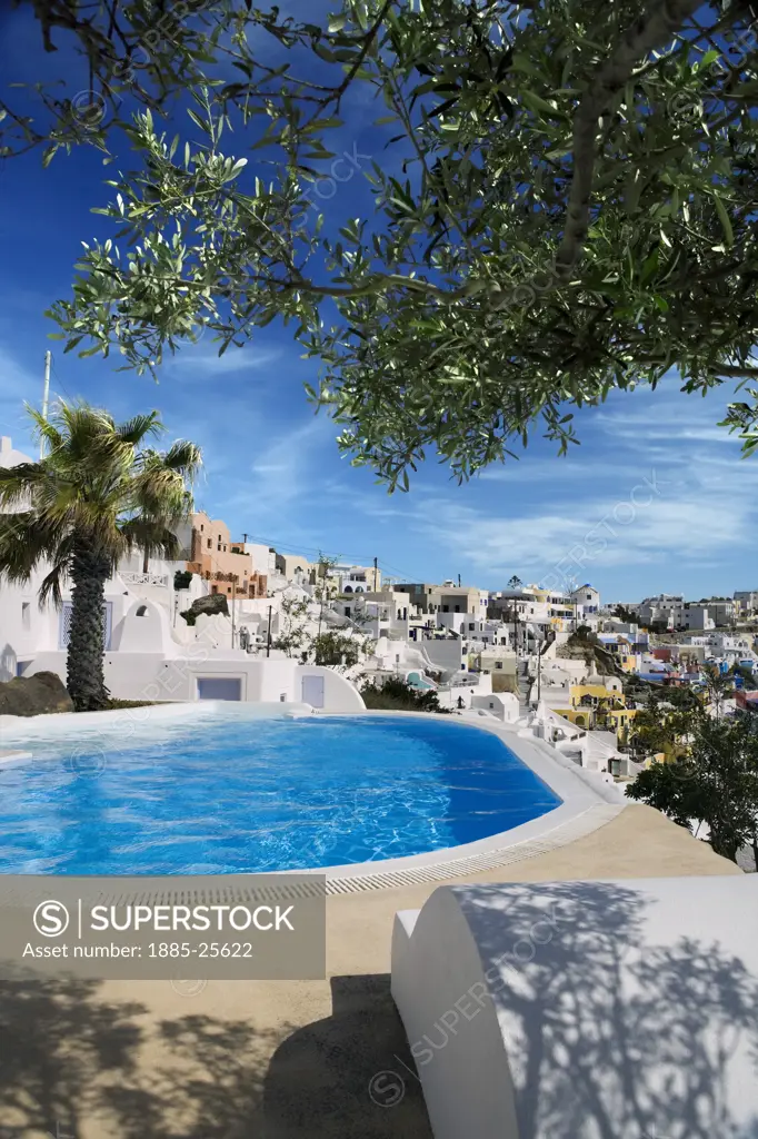 Greek Islands, Santorini Island, Firostefani, View of town over swimming pool