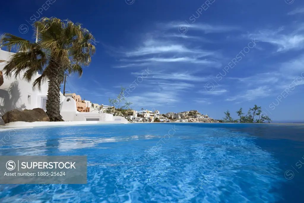 Greek Islands, Santorini Island, Firostefani, View to town over swimming pool