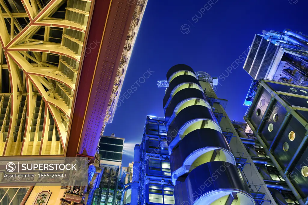 UK - England, London, Lloyds Building and Leadenhall Market entrance at dusk