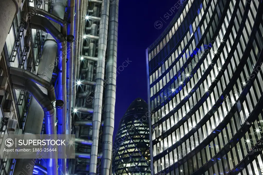 UK - England, London, Lloyds Building with Swiss Re and Willis Building at dusk