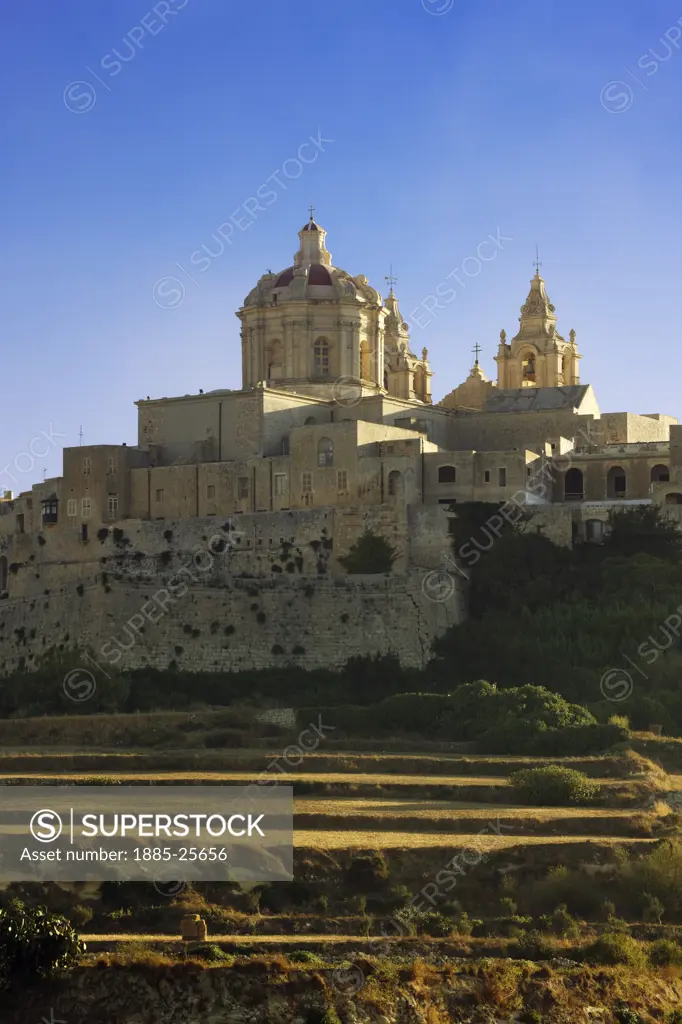 Maltese Islands, Malta, Mdina, View to walled city with St Pauls Cathedral