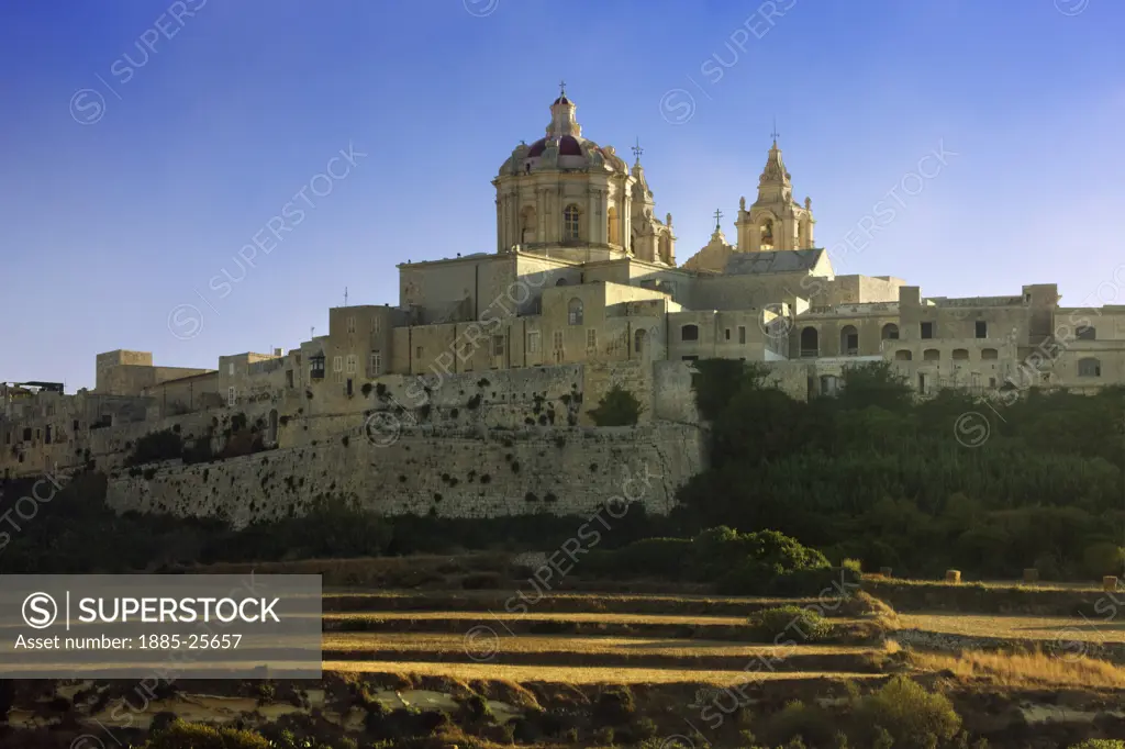 Maltese Islands, Malta, Mdina, View to walled city with St Pauls Cathedral
