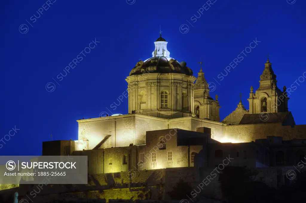 Maltese Islands, Malta, Mdina, View of walled city at night