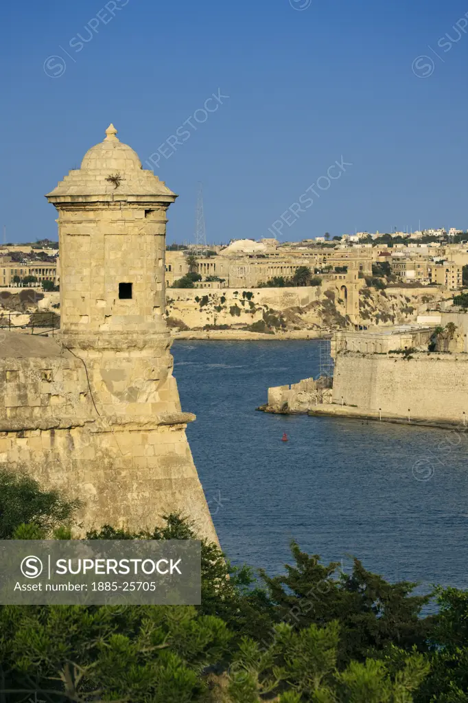 Maltese Islands, Malta, Valletta, Watchtower and view across Grand Harbour