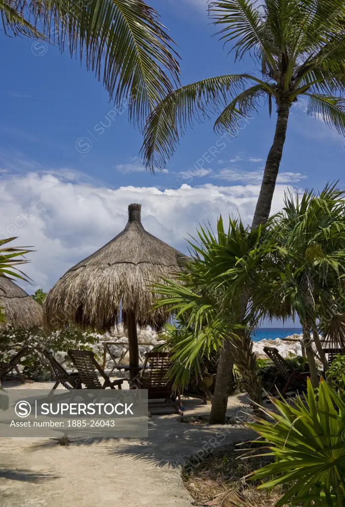 Mexico, Quintana Roo, Xcaret, Parasol and chairs