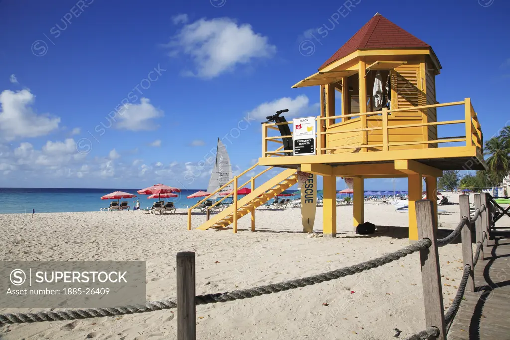 Caribbean, Barbados, Rockley Beach, Lifeguard station on beach