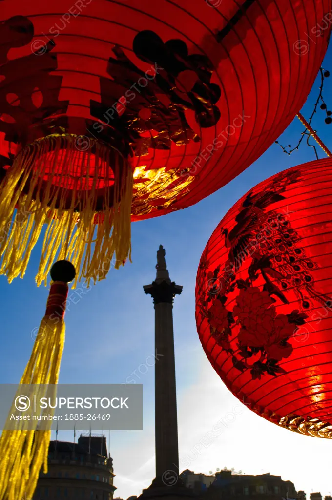 UK - England, London, Chinese New Year - paper lanterns and Nelsons Column
