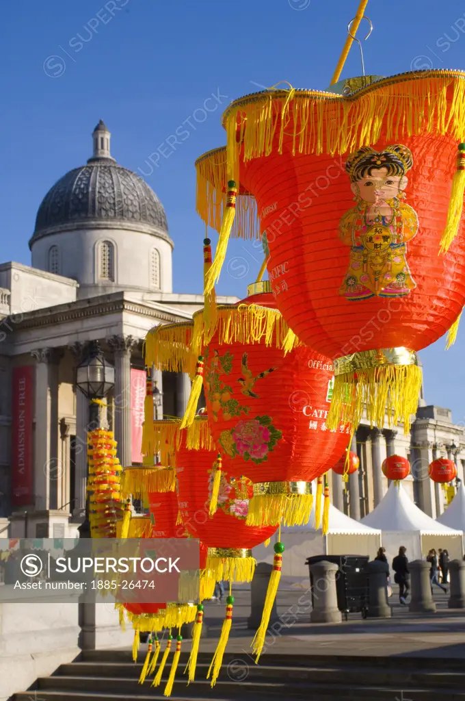 UK - England, London, Chinese New Year - paper lanterns and National Gallery
