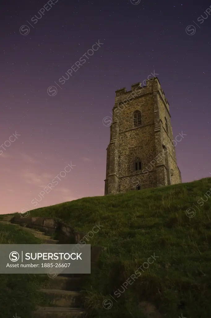 UK - England, Somerset, Glastonbury, Glastonbury Tor - St Michaels Tower in moonlight