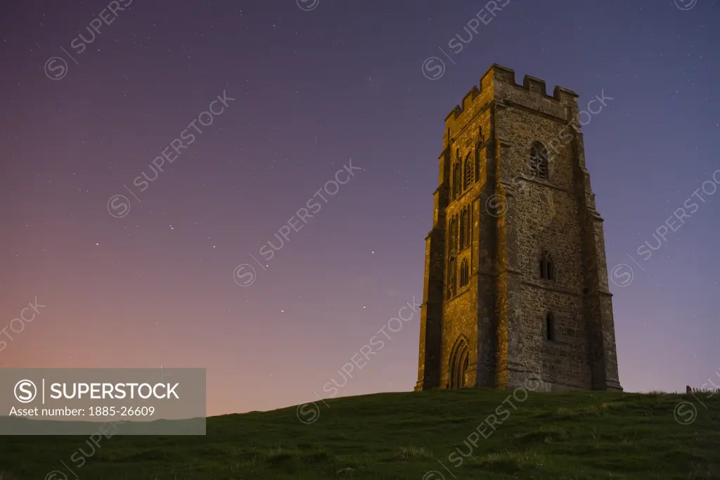 UK - England, Somerset, Glastonbury, Glastonbury Tor - St Michaels Tower in moonlight