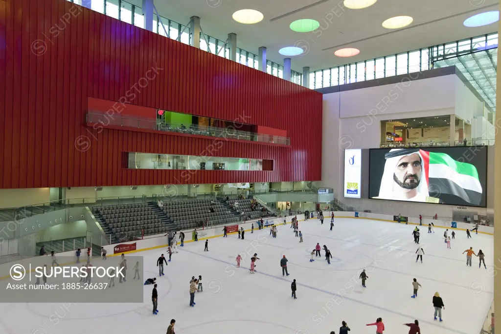 United Arab Emirates, Dubai, Ice skating rink at Dubai Mall - worlds largest shopping mall