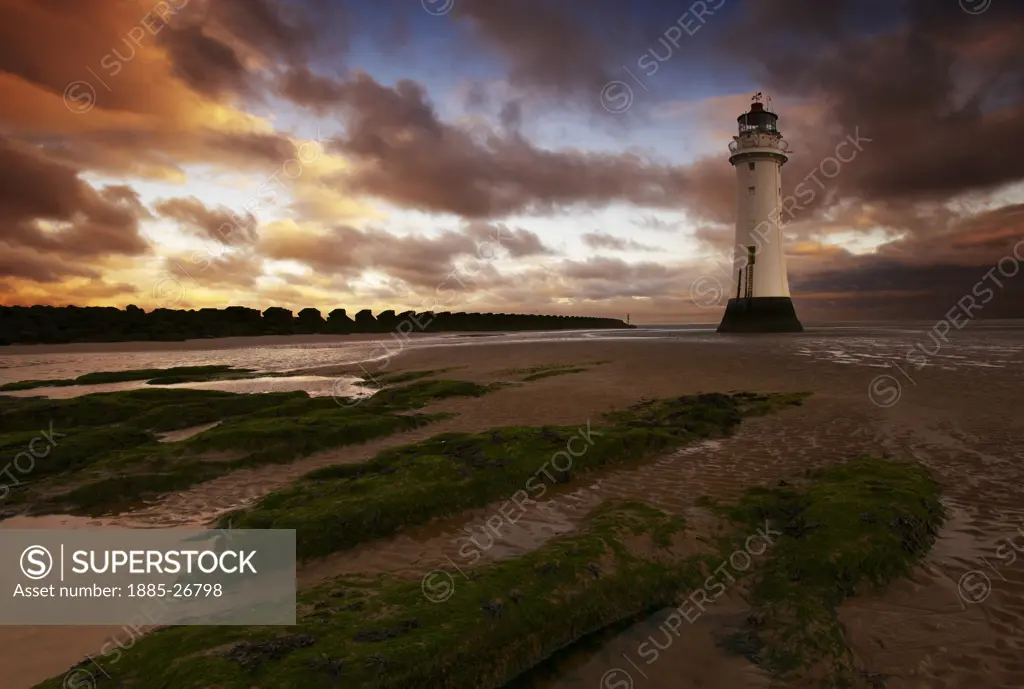 UK - England, Merseyside, New Brighton, Perch Rock Lighthouse at sunset