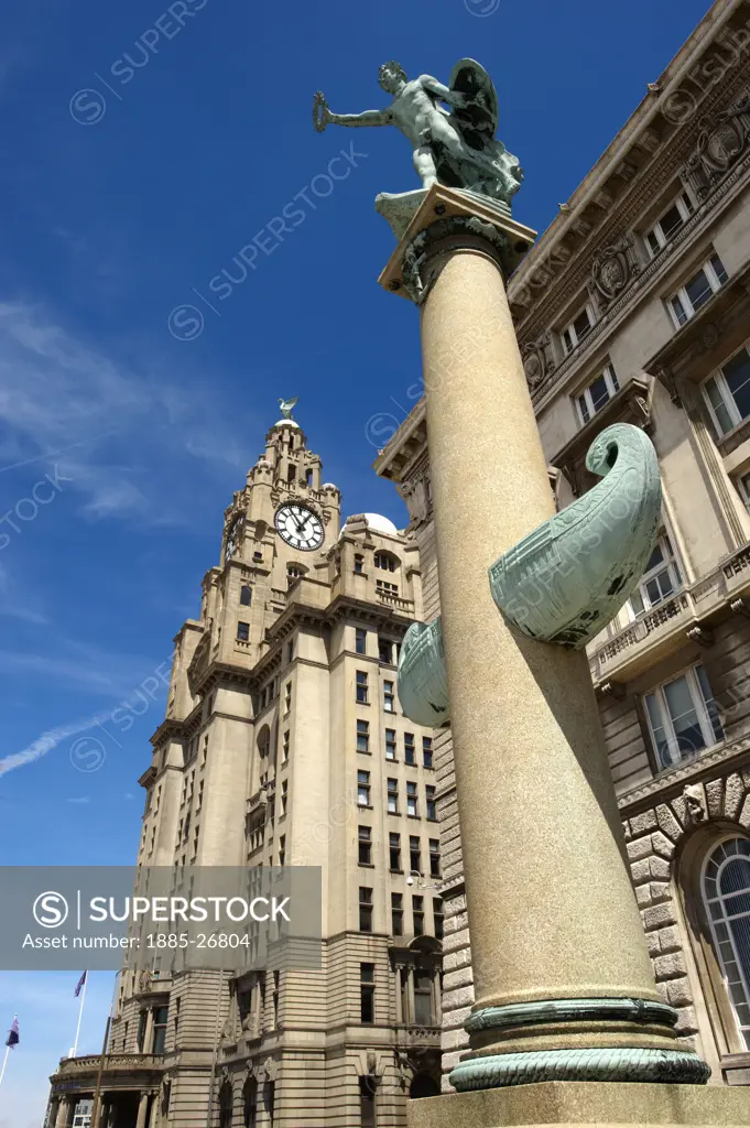 UK - England, Merseyside, Liverpool, Royal Liver Building and Cunard War Memorial
