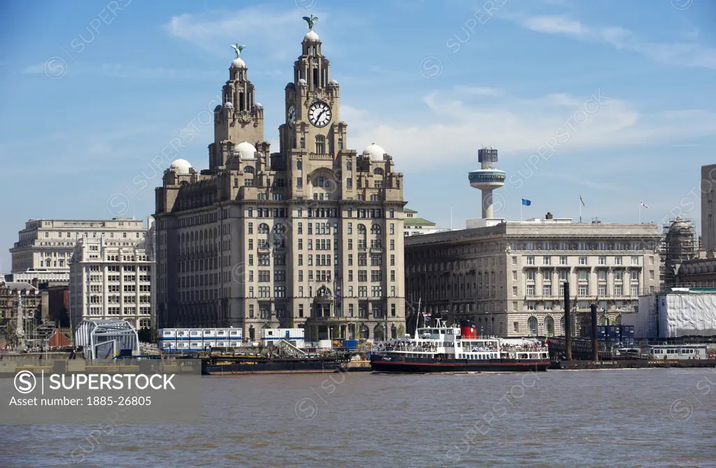 UK - England, Merseyside, Liverpool, The Liver Buildings along waterfront