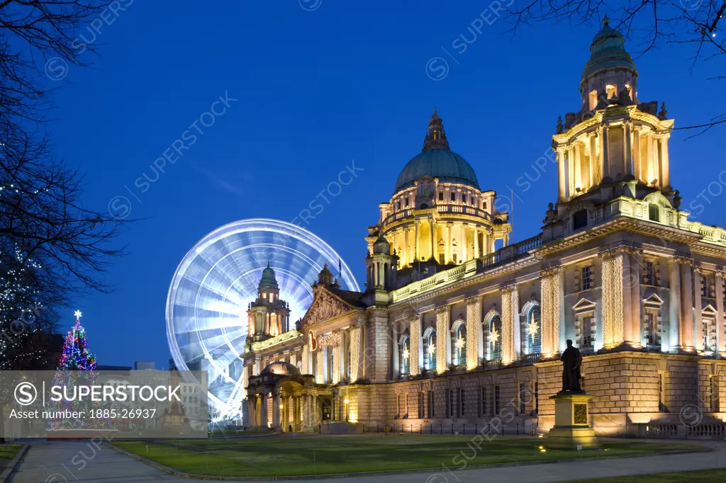 UK - Northern Ireland, Belfast, City Hall and ferris wheel
