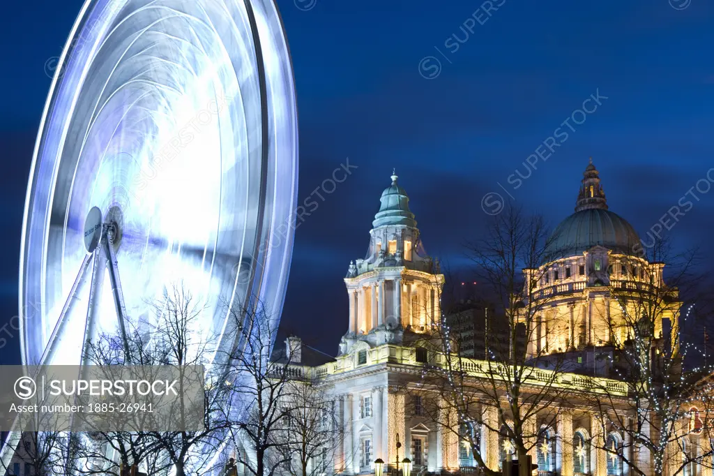 UK - Northern Ireland, Belfast, City Hall and ferris wheel