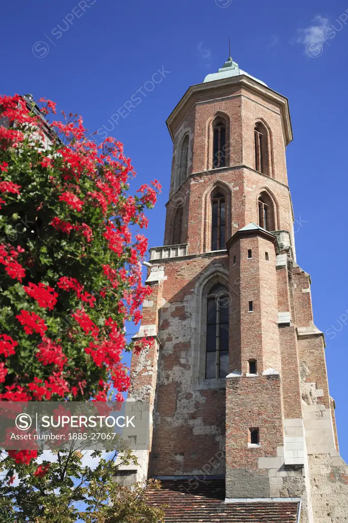 Hungary, Budapest, Church tower and flowers in Castle District