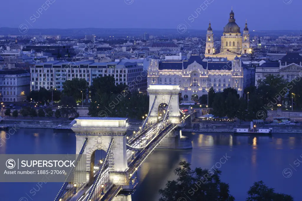 Hungary, Budapest, Chain Bridge and St Stephens Basilica at night