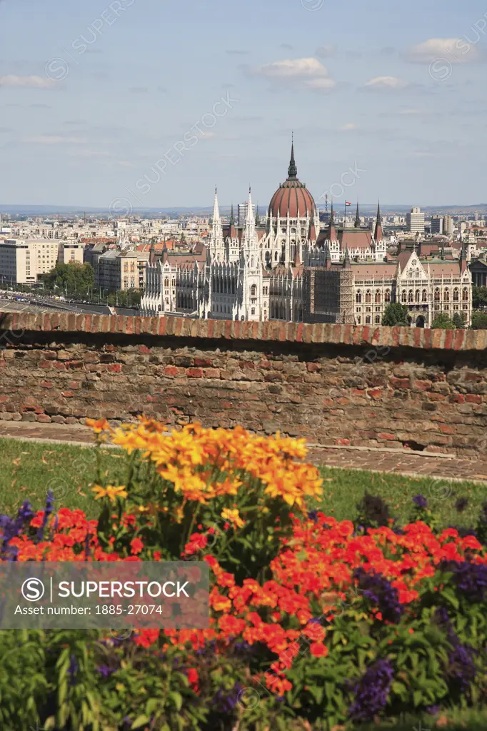 Hungary, Budapest, City skyline and flowers