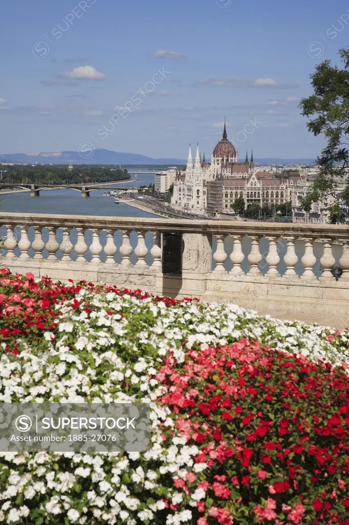 Hungary, Budapest, City skyline and flowers
