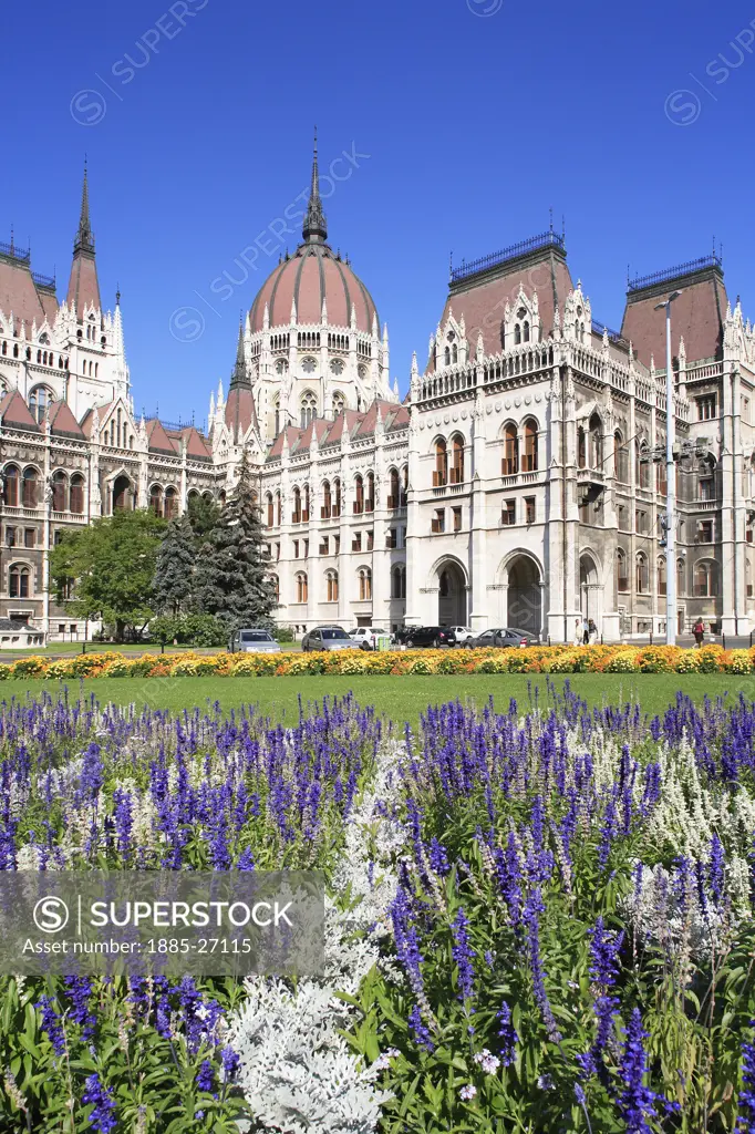 Hungary, Budapest, Parliament and flowers