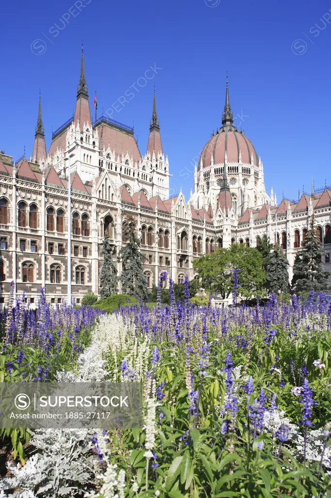 Hungary, Budapest, Parliament and flowers