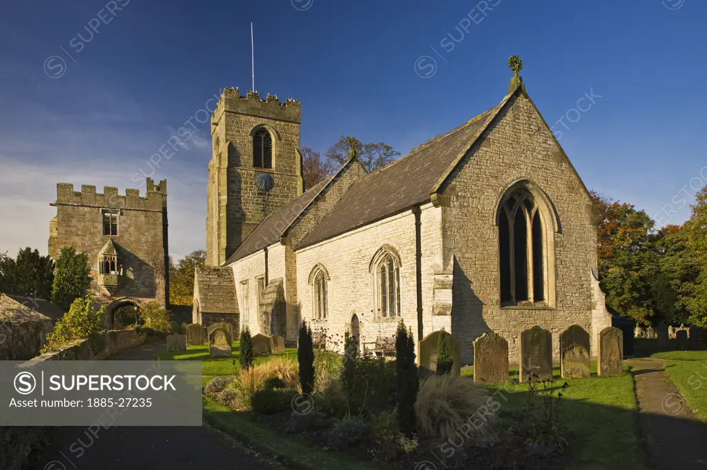 UK - England, Yorkshire, West Tanfield, The Marmion Tower and St Nicholas Church