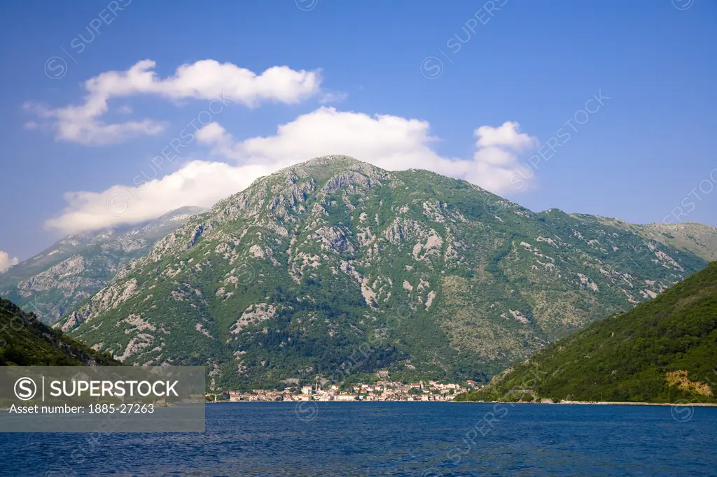 Montenegro, Risan, Mountains and distant village from Verige Straits