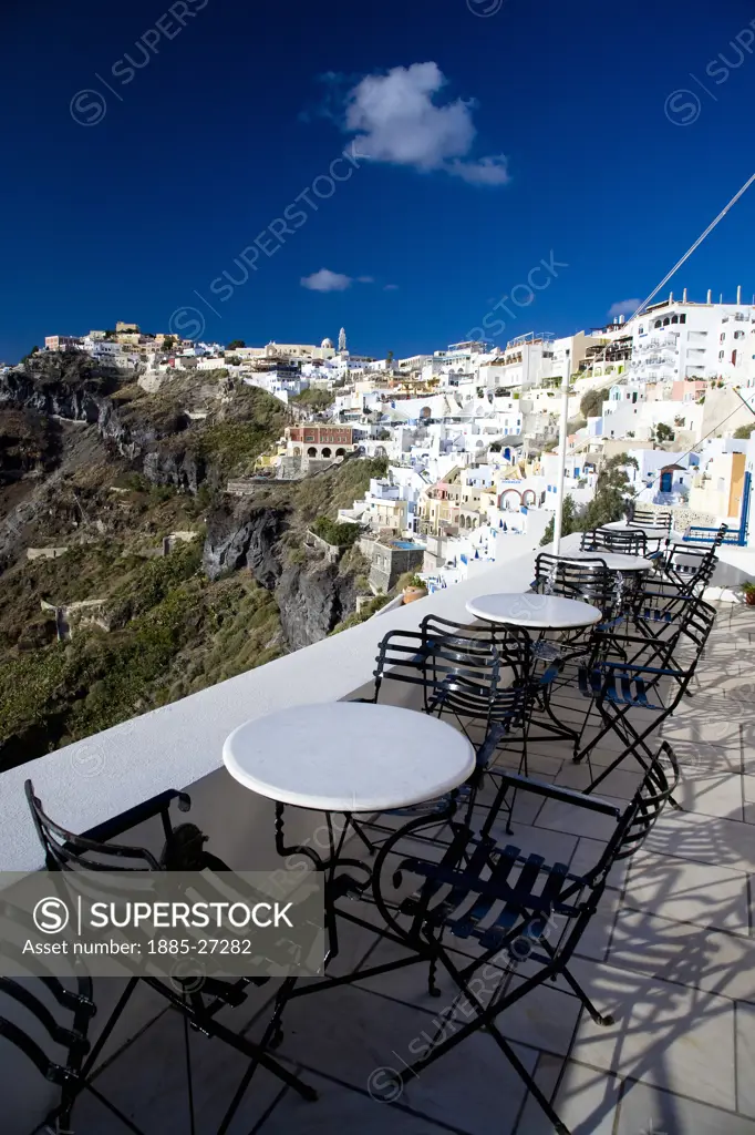 Greek Islands, Santorini Island, Fira, Clifftop town from terrace