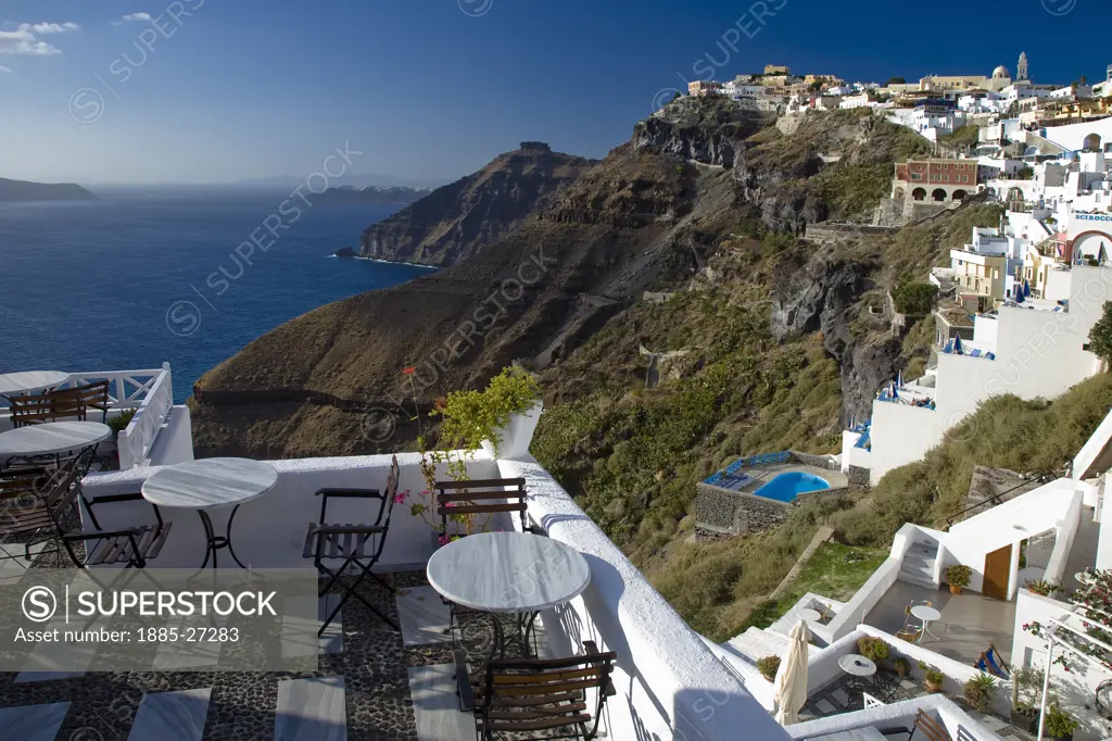Greek Islands, Santorini Island, Fira, Sea and clifftop town from terrace