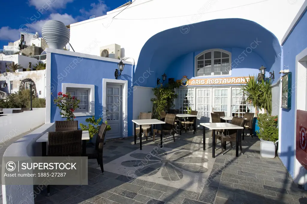 Greek Islands, Santorini Island, Fira, Restaurant terrace
