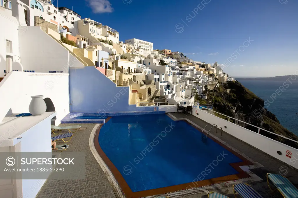 Greek Islands, Santorini Island, Fira, Clifftop town and swimming pool