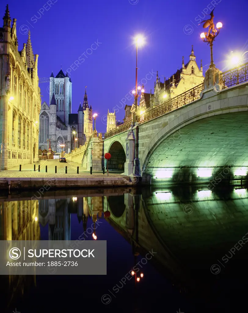 Belgium, Flanders, Ghent, St. Michael's Bridge at night