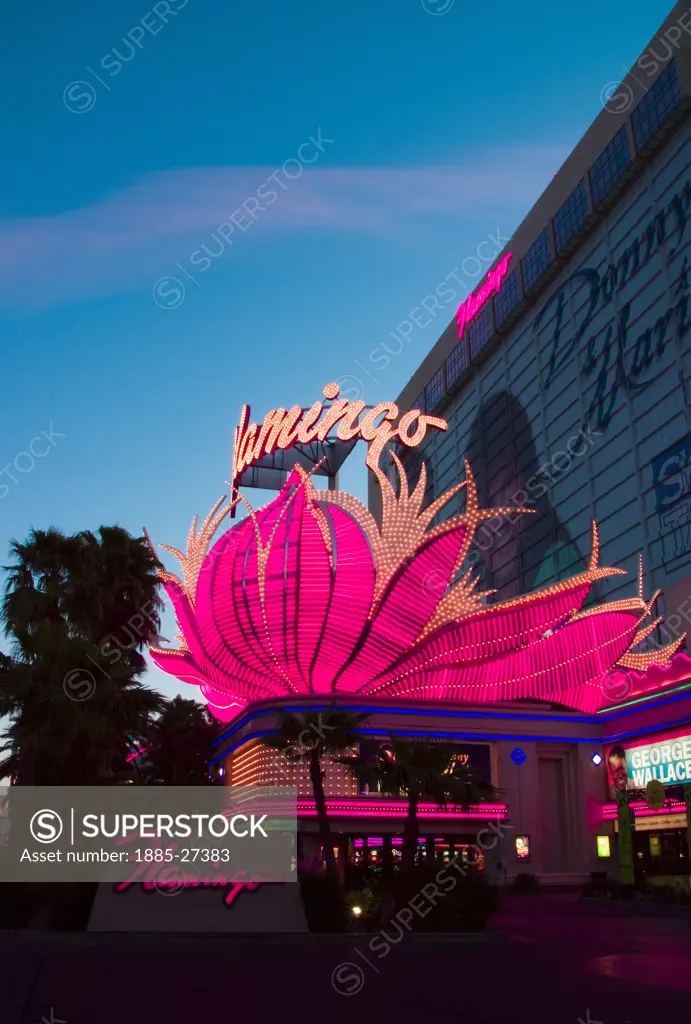 USA, Nevada, Las Vegas, Neon sign over entrance to The Flamingo Hotel Casino