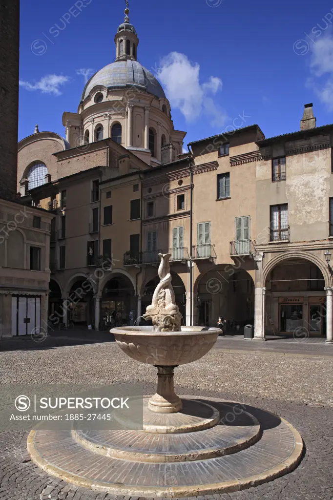 Italy, Lombardy, Mantua, Basilica  of Sant Andrea and dolphin fountain