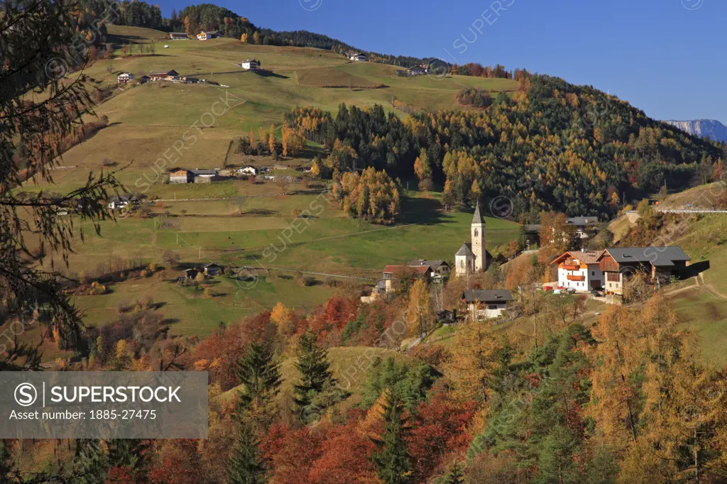 Italy, Italian Dolomites, Santa Caterina, Village and alpine scenery in autumn