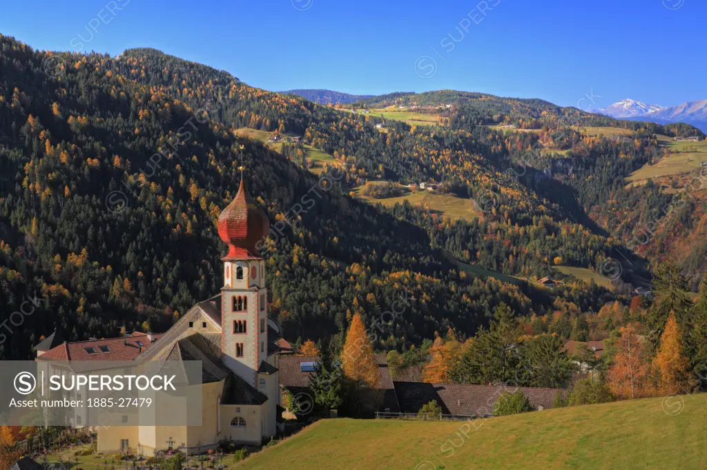 Italy, Italian Dolomites, Tires, Church and alpine scenery in autumn
