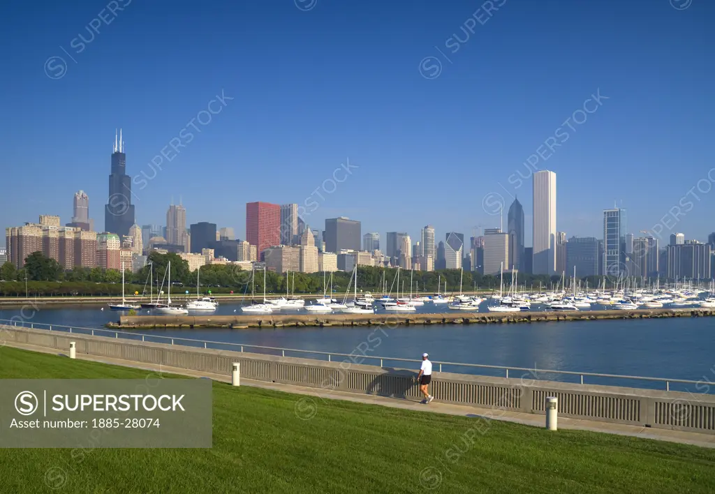USA, Illinois, Chicago, Lake Michigan and skyline with Sears Tower