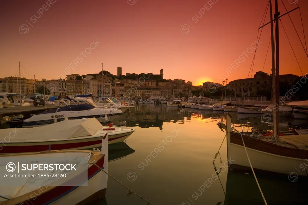 France, Cote dAzur, Cannes, Le Suquet - Old Town and Old Harbour at sunset