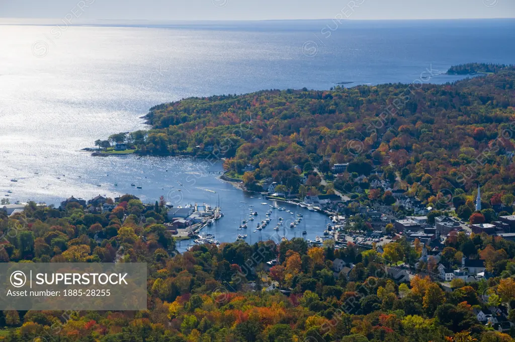 USA, Maine, Camden, View over town and coastline in autumn