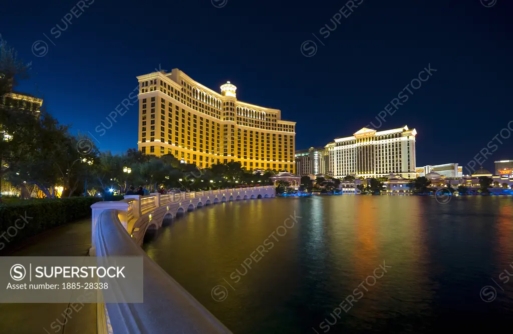 USA, Nevada, Las Vegas, Bellagio Hotel and Caesars Palace Hotel at night