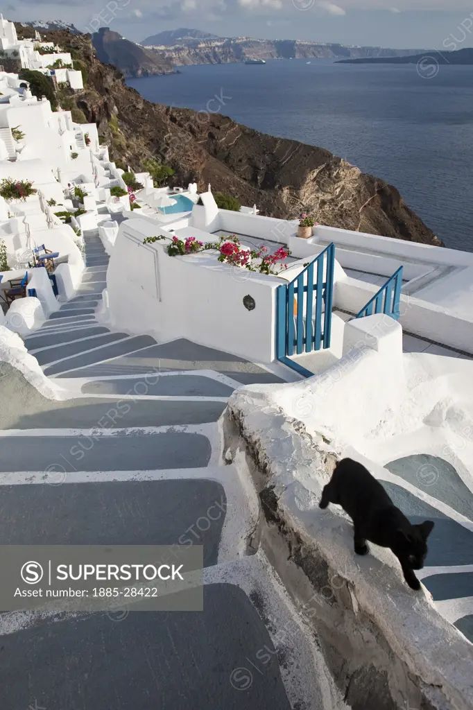 Greek Islands, Santorini Island, Oia, View of coastline from steps