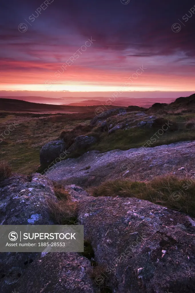 UK - England, Devon, Dartmoor, Hay Tor Vale at dawn from Saddle Tor