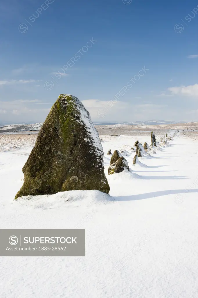UK - England, Devon, Dartmoor, Merrivale stone row and standing stones in snow