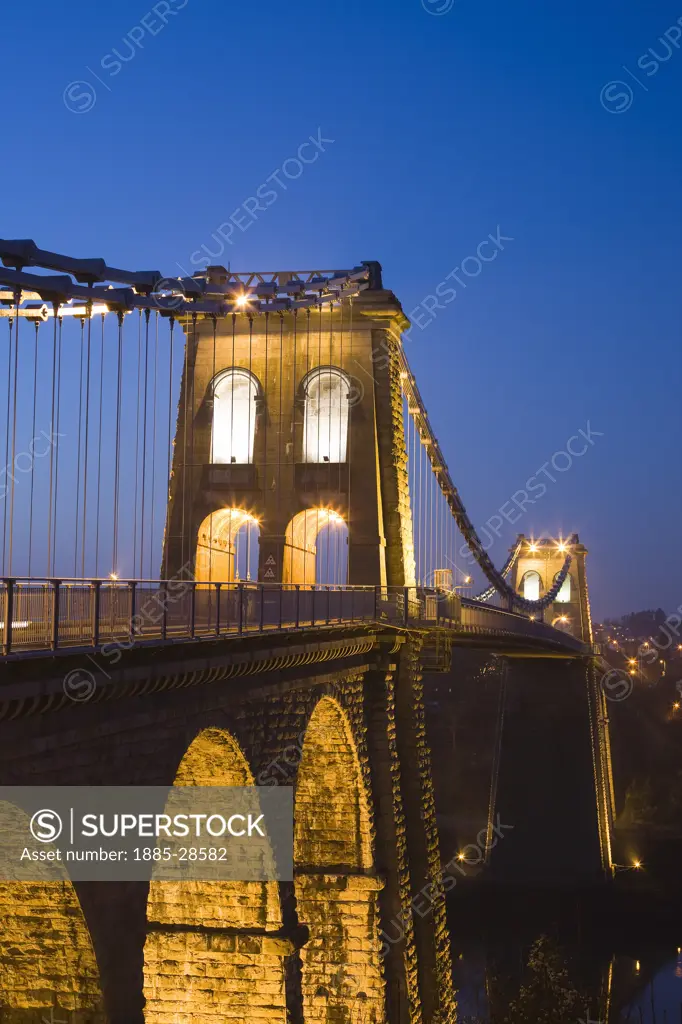 UK - Wales, Snowdonia, Menai Bridge, Menai Bridge at night