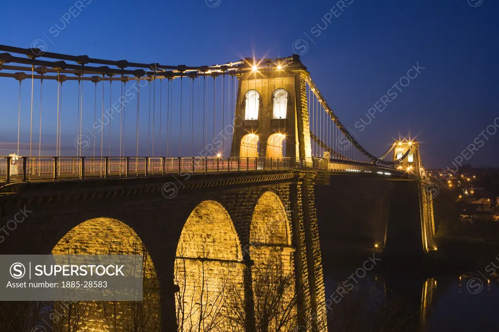 UK - Wales, Snowdonia, Menai Bridge, Menai Bridge at night