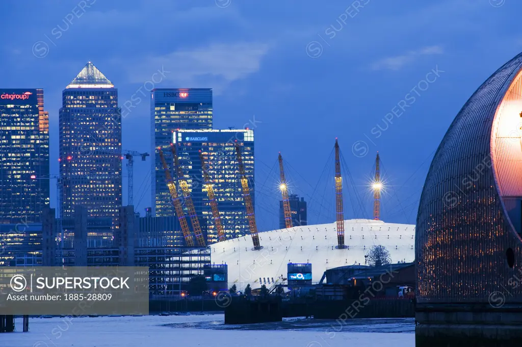 UK - England, London, O2 Arena and Canary Wharf from the Thames Flood Barrier