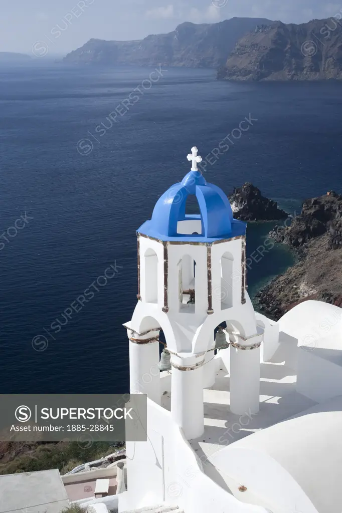 Greek Islands, Santorini Island, Oia, Church overlooking sea